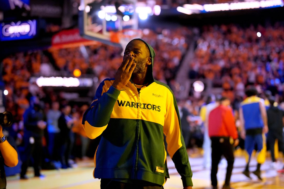 May 12, 2025; San Francisco, California, USA; Golden State Warriors forward Draymond Green (23) blows a kiss towards the crowd before the start of the game against the Minnesota Timberwolves during game four of the second round for the 2025 NBA Playoffs at Chase Center. Mandatory Credit: Cary Edmondson-Imagn Images