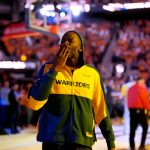 May 12, 2025; San Francisco, California, USA; Golden State Warriors forward Draymond Green (23) blows a kiss towards the crowd before the start of the game against the Minnesota Timberwolves during game four of the second round for the 2025 NBA Playoffs at Chase Center. Mandatory Credit: Cary Edmondson-Imagn Images