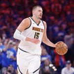 May 18, 2025; Oklahoma City, Oklahoma, USA; Denver Nuggets center Nikola Jokic (15) dribbles down the court against the Oklahoma City Thunder in the second quarter during game seven of the second round for the 2025 NBA Playoffs at Paycom Center.