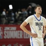 Jul 10, 2025; Las Vegas, NV, USA; Dallas Mavericks forward Cooper Flagg (32) looks on against the Los Angeles Lakers in the third quarter of their game at Thomas & Mack Center.