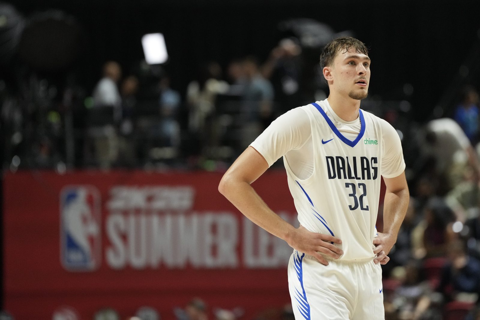 Jul 10, 2025; Las Vegas, NV, USA; Dallas Mavericks forward Cooper Flagg (32) looks on against the Los Angeles Lakers in the third quarter of their game at Thomas & Mack Center.