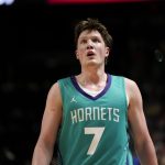 Jul 14, 2025; Las Vegas, NV, USA; Charlotte Hornets guard Kon Knueppel (7) competes against the Dallas Mavericks during the second half of a NBA basketball game at the Thomas & Mack Center.