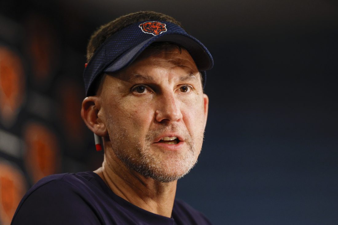 Jul 23, 2025; Lake Forest, IL, USA; Chicago Bears defensive coordinator Dennis Allen speaks during training camp at Halas Hall.