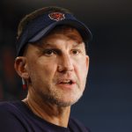 Jul 23, 2025; Lake Forest, IL, USA; Chicago Bears defensive coordinator Dennis Allen speaks during training camp at Halas Hall.