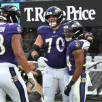 Aug 7, 2025; Baltimore, Maryland, USA; Baltimore Ravens running back Keaton Mitchell (34) celebrates scoring a touchdown with offensive tackle Roger Rosengarten (70) and offensive tackle Joseph Noteboom (68) against the Indianapolis Colts during the first quarter at M&T Bank Stadium. Mandatory Credit: Rafael Suanes-Imagn Images