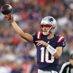 Aug 8, 2025; Foxborough, Massachusetts, USA; New England Patriots quarterback Drake Maye (10) passes the ball during the first half against the Washington Commanders at Gillette Stadium. Mandatory Credit: Paul Rutherford-Imagn Images