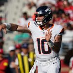 Aug 9, 2025; Santa Clara, California, USA; Denver Broncos quarterback Bo Nix (10) drops back to pass in the first quarter against the San Francisco 49ers at Levi's Stadium. Mandatory Credit: David Gonzales-Imagn Images