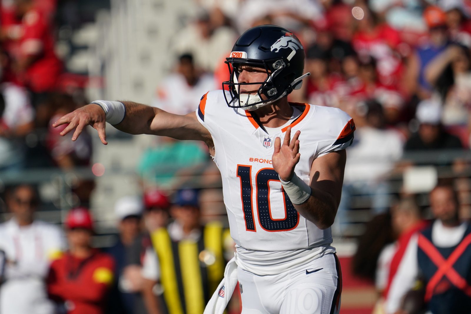Aug 9, 2025; Santa Clara, California, USA; Denver Broncos quarterback Bo Nix (10) drops back to pass in the first quarter against the San Francisco 49ers at Levi's Stadium. Mandatory Credit: David Gonzales-Imagn Images