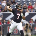 Aug 16, 2025; Houston, Texas, USA; Houston Texans quarterback C.J. Stroud (7) attempts a pass during the first quarter against the Carolina Panthers at NRG Stadium. Mandatory Credit: Troy Taormina-Imagn Images
