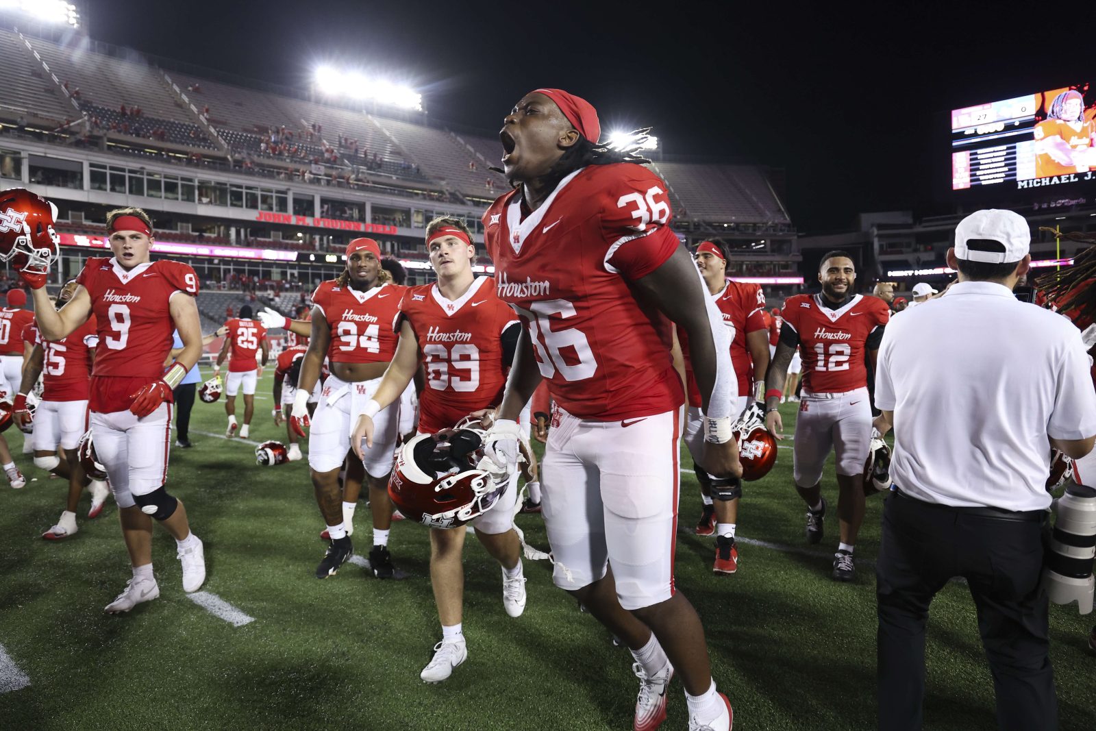 Aug 28, 2025; Houston, Texas, USA; Houston Cougars linebacker Jalen Garner (36) celebrates after the game against the Stephen F. Austin Lumberjacks at TDECU Stadium. Mandatory Credit: Troy Taormina-Imagn Images