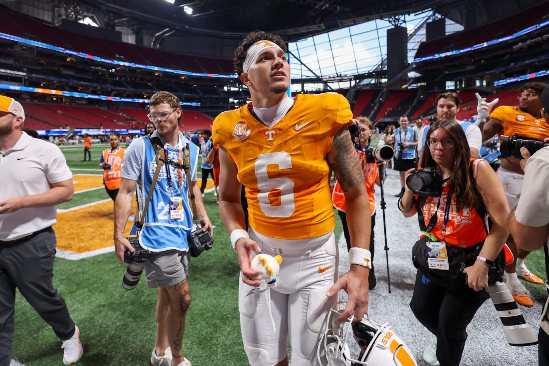 Aug 30, 2025; Atlanta, Georgia, USA; Tennessee Volunteers quarterback Joey Aguilar (6) celebrates after a victory against the Syracuse Orange at Mercedes-Benz Stadium. Mandatory Credit: Brett Davis-Imagn Images