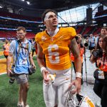 Aug 30, 2025; Atlanta, Georgia, USA; Tennessee Volunteers quarterback Joey Aguilar (6) celebrates after a victory against the Syracuse Orange at Mercedes-Benz Stadium. Mandatory Credit: Brett Davis-Imagn Images