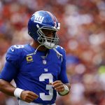 Sep 7, 2025; Landover, Maryland, USA; New York Giants quarterback Russell Wilson (3) during the first quarter against the Washington Commanders at Northwest Stadium. Mandatory Credit: Peter Casey-Imagn Images