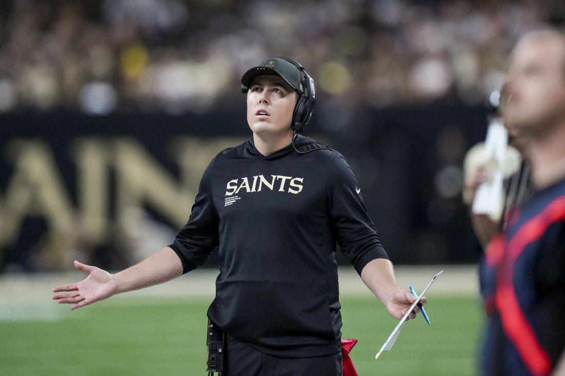 Sep 7, 2025; New Orleans, Louisiana, USA; New Orleans Saints coach Kellen Moore reacts during the second quarter at Caesars Superdome. Mandatory Credit: Matthew Hinton-Imagn Images