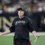 Sep 7, 2025; New Orleans, Louisiana, USA; New Orleans Saints coach Kellen Moore reacts during the second quarter at Caesars Superdome. Mandatory Credit: Matthew Hinton-Imagn Images