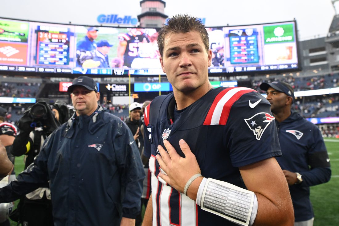Sep 7, 2025; Foxborough, Massachusetts, USA; New England Patriots quarterback Drake Maye (10) reacts after the game at Gillette Stadium. Mandatory Credit: Brian Fluharty-Imagn Images