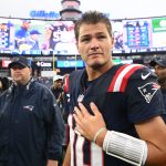 Sep 7, 2025; Foxborough, Massachusetts, USA; New England Patriots quarterback Drake Maye (10) reacts after the game at Gillette Stadium. Mandatory Credit: Brian Fluharty-Imagn Images