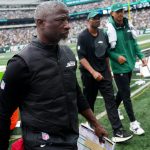 New York Jets Head Coach, Aaron Glen walks to the locker room for halftime, Sunday, September 7, 2025, in East Rutherford. The Jets were up 19-17 at the half, but went on to lose, 34-32.