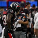 Sep 7, 2025; Inglewood, California, USA; Houston Texans running back Dare Ogunbowale (33) looks down on the sidelines after fumbling the ball during the fourth quarter at SoFi Stadium. Mandatory Credit: Kiyoshi Mio-Imagn Images