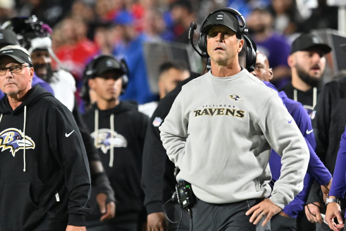 Sep 7, 2025; Orchard Park, New York, USA; Baltimore Ravens head coach John Harbaugh looks on during the third quarter against the Buffalo Bills at Highmark Stadium. Mandatory Credit: Mark Konezny-Imagn Images