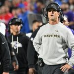 Sep 7, 2025; Orchard Park, New York, USA; Baltimore Ravens head coach John Harbaugh looks on during the third quarter against the Buffalo Bills at Highmark Stadium. Mandatory Credit: Mark Konezny-Imagn Images