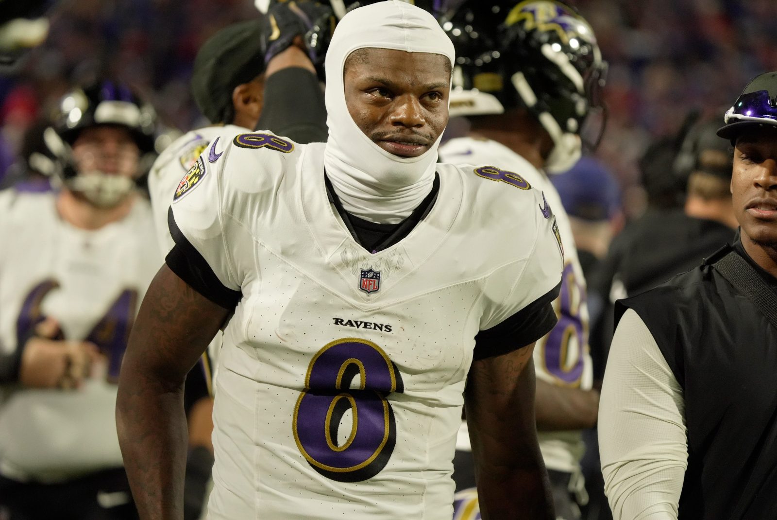 Baltimore Ravens quarterback Lamar Jackson gets ready to take the field during the second half of their game against the Baltimore Ravens at Highmark Stadium in Orchard Park on Sept. 7, 2025.