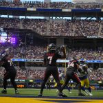 Sep 7, 2025; Inglewood, California, USA; A general overall view as Houston Texans quarterback C.J. Stroud (7) throws the ball against the Los Angeles Rams at SoFi Stadium. Mandatory Credit: Kirby Lee-Imagn Images