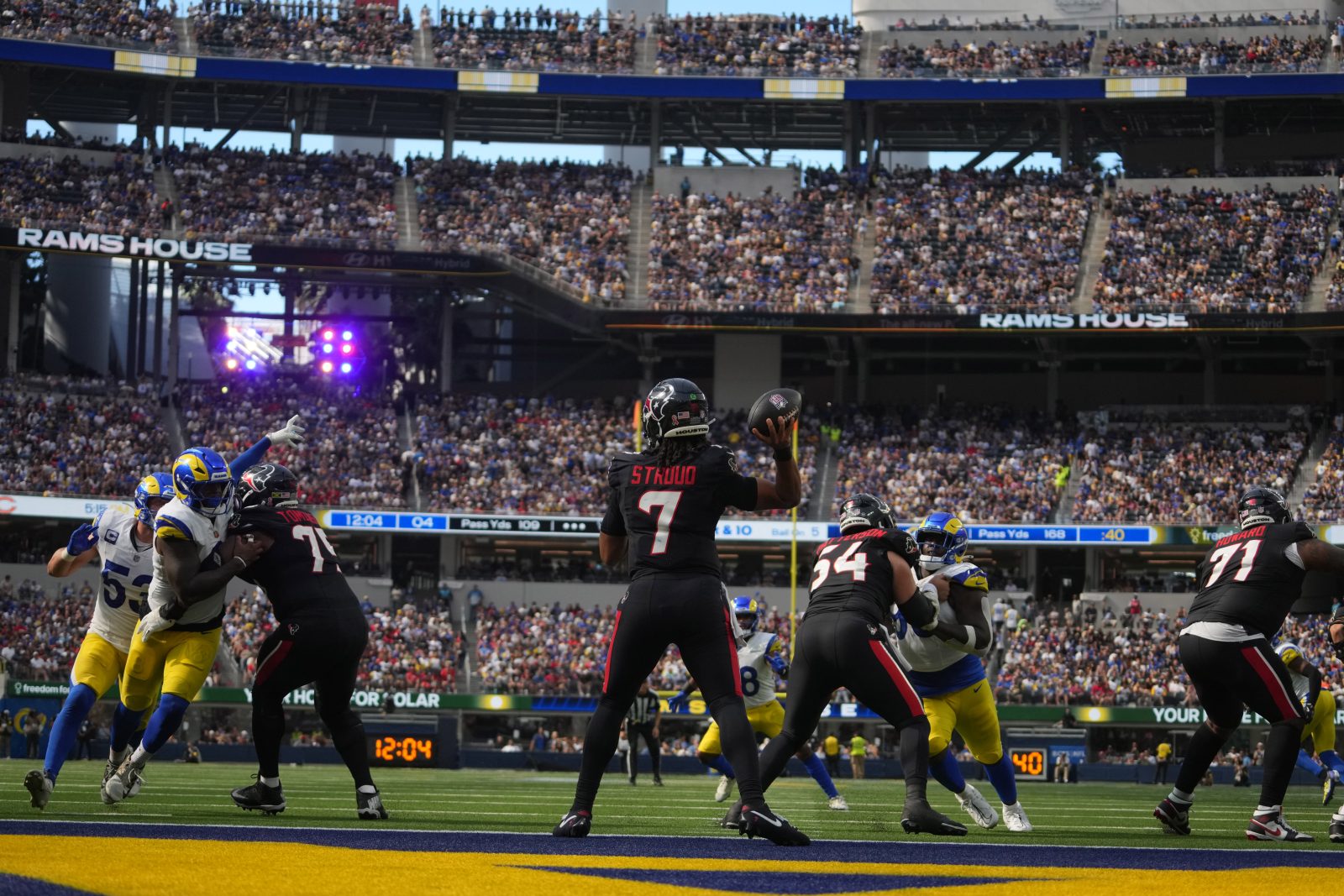 Sep 7, 2025; Inglewood, California, USA; A general overall view as Houston Texans quarterback C.J. Stroud (7) throws the ball against the Los Angeles Rams at SoFi Stadium. Mandatory Credit: Kirby Lee-Imagn Images