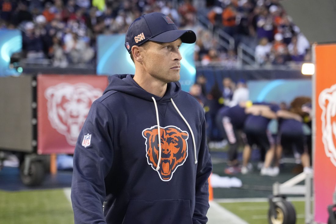 Sep 8, 2025; Chicago, Illinois, USA; Chicago Bears head coach Ben Johnson before the game against the Minnesota Vikings at Soldier Field. Mandatory Credit: David Banks-Imagn Images