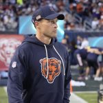 Sep 8, 2025; Chicago, Illinois, USA; Chicago Bears head coach Ben Johnson before the game against the Minnesota Vikings at Soldier Field. Mandatory Credit: David Banks-Imagn Images