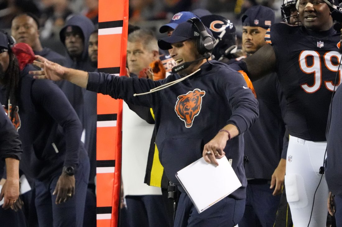 Sep 8, 2025; Chicago, Illinois, USA; Chicago Bears head coach Ben Johnson reacts during the second half at Soldier Field. Mandatory Credit: David Banks-Imagn Images