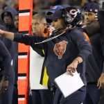 Sep 8, 2025; Chicago, Illinois, USA; Chicago Bears head coach Ben Johnson reacts during the second half at Soldier Field. Mandatory Credit: David Banks-Imagn Images