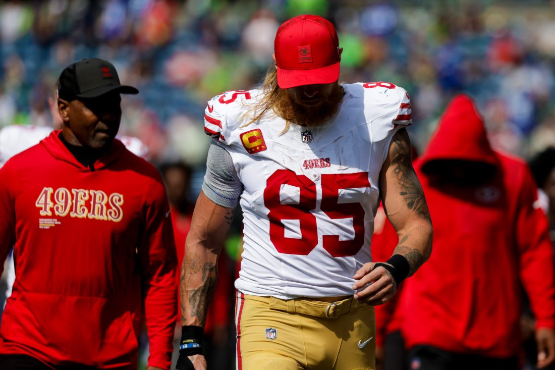 Sep 7, 2025; Seattle, Washington, USA; San Francisco 49ers tight end George Kittle (85) returns to the locker room for halftime against the Seattle Seahawks at Lumen Field.