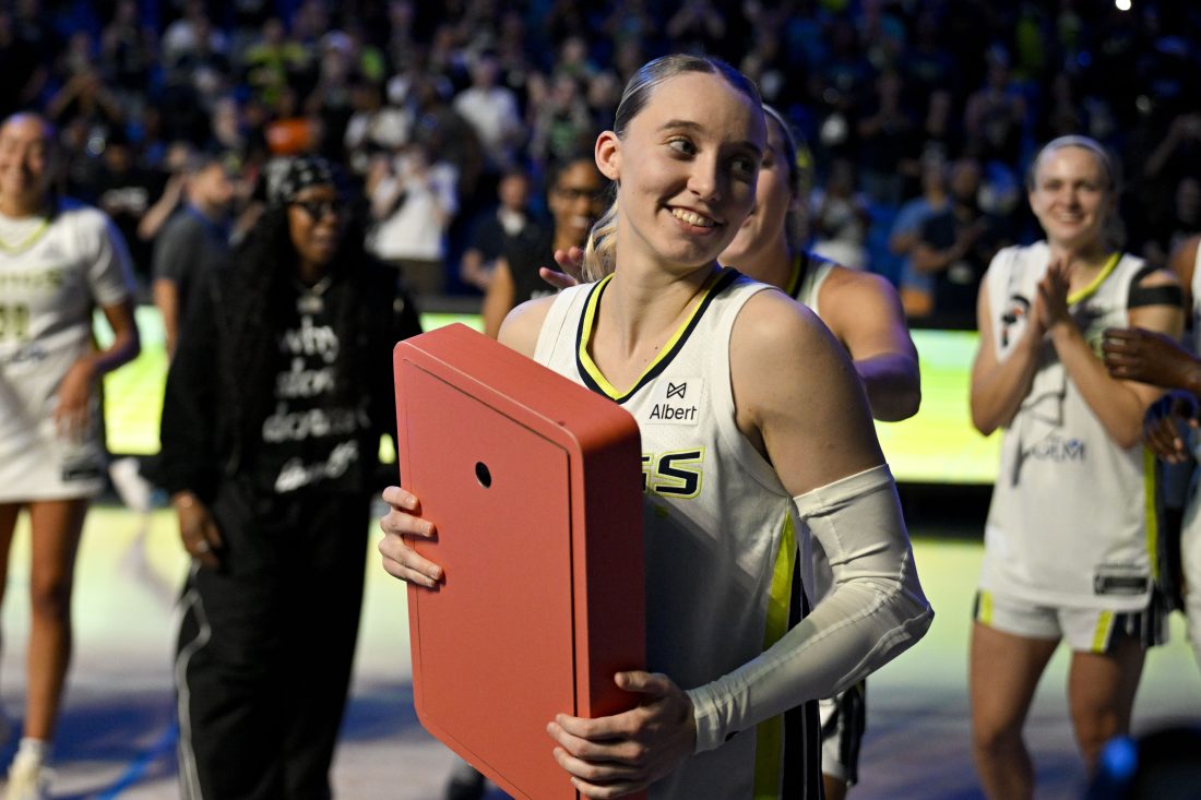 Sep 11, 2025; Arlington, Texas, USA; Dallas Wings guard Paige Bueckers (5) smiles after the game against the Phoenix Mercury at College Park Center. Mandatory Credit: Jerome Miron-Imagn Images