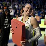 Sep 11, 2025; Arlington, Texas, USA; Dallas Wings guard Paige Bueckers (5) smiles after the game against the Phoenix Mercury at College Park Center. Mandatory Credit: Jerome Miron-Imagn Images