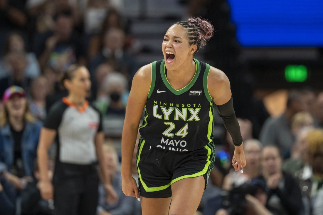 Sep 14, 2025; Minneapolis, Minnesota, USA; Minnesota Lynx forward Napheesa Collier (24) celebrates making a shot against the Golden State Valkyries in the second half during game one of round one for the 2025 WNBA Playoffs at Target Center. Mandatory Credit: Jesse Johnson-Imagn Images
