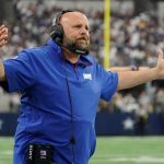 Sep 14, 2025; Arlington, Texas, USA; New York Giants head coach Brian Daboll reacts after a play against the Dallas Cowboys during the third quarter at AT&T Stadium. Mandatory Credit: Raymond Carlin III-Imagn Images