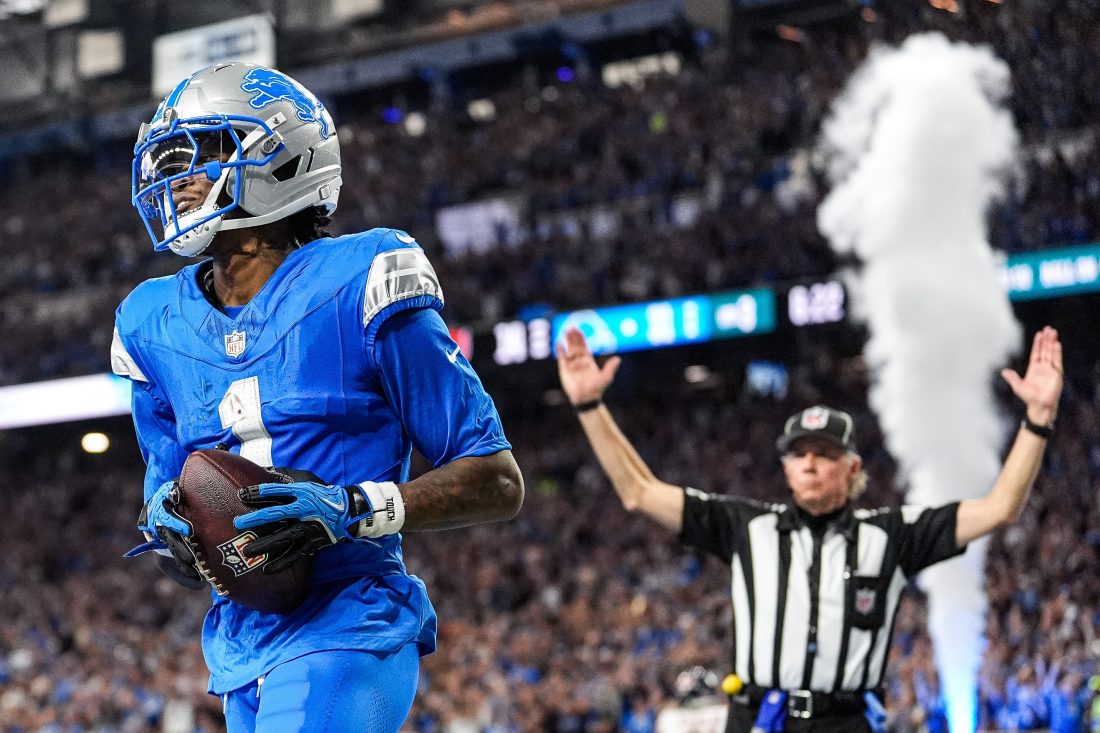 Detroit Lions wide receiver Jameson Williams (1) celebrates a touchdown against Chicago Bears during the second half at Ford Field in Detroit on Sunday, Sept. 14, 2025.