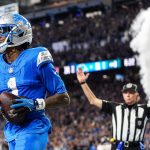 Detroit Lions wide receiver Jameson Williams (1) celebrates a touchdown against Chicago Bears during the second half at Ford Field in Detroit on Sunday, Sept. 14, 2025.