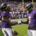 Sep 14, 2025; Baltimore, Maryland, USA; Baltimore Ravens wide receiver DeAndre Hopkins (10) shakes hands with Baltimore Ravens wide receiver Rashod Bateman (7) after making a catch for a touchdown during the fourth quarter at M&T Bank Stadium. Mandatory Credit: Mitch Stringer-Imagn Images