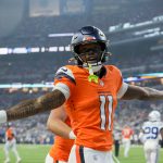 Denver Broncos wide receiver Troy Franklin (11) celebrates a touchdown Sunday, Sept. 14, 2025, during a game against the Indianapolis Colts at Lucas Oil Stadium in Indianapolis.
