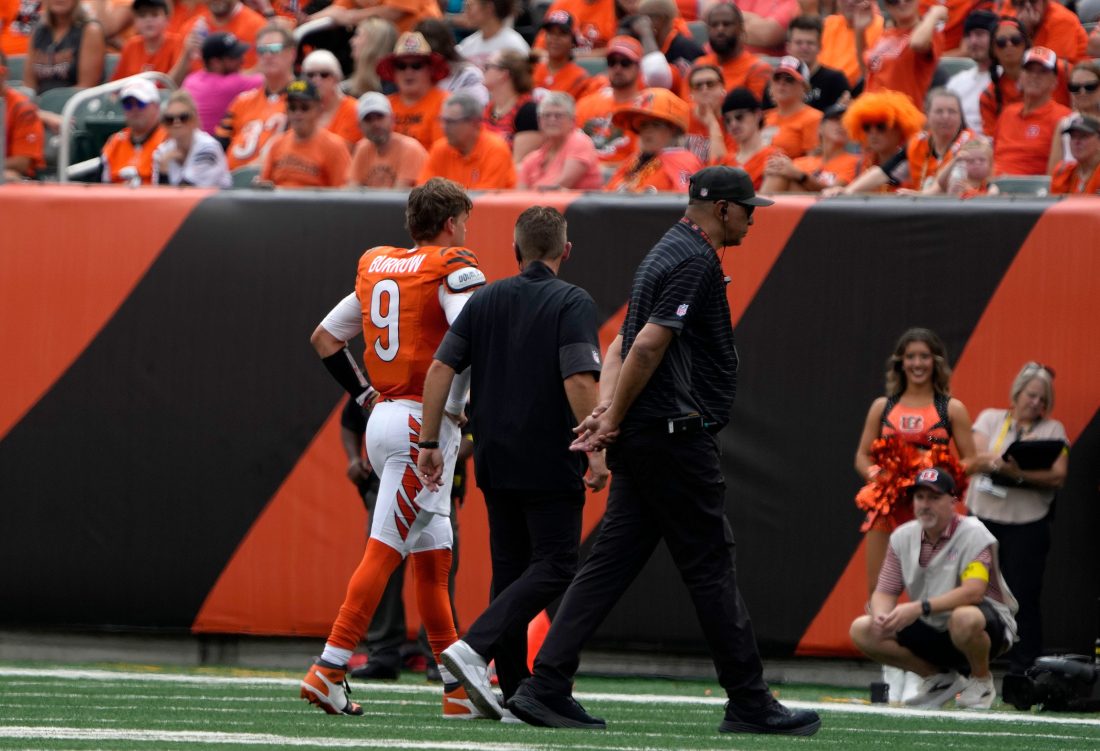 Cincinnati Bengals quarterback Joe Burrow walks off the field after a toe injury during NFL Week 2 win against the Jacksonville Jaguars at Paycor Stadium on Sunday, September 14, 2025.
