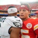Sep 14, 2025; Kansas City, Missouri, USA; Philadelphia Eagles quarterback Jalen Hurts (1) and Kansas City Chiefs quarterback Patrick Mahomes (15) greet eachother after the game at GEHA Field at Arrowhead Stadium.