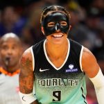 New York Liberty guard Natasha Cloud (9) smiles during action against the Phoenix Mercury in the first half of Game One of the 2025 WNBA Playoffs first round at PHX Arena on Sept. 14, 2025.