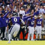 Sep 14, 2025; Baltimore, Maryland, USA; Baltimore Ravens linebacker Roquan Smith (0) runs a fumble recovery for a touchdown during the second half against the Cleveland Browns at M&T Bank Stadium. Mandatory Credit: Peter Casey-Imagn Images
