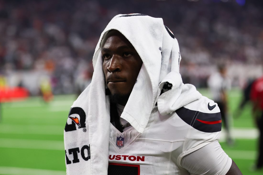 Sep 15, 2025; Houston, Texas, USA; Houston Texans safety Calen Bullock (2) walks off the field at halftime against the Tampa Bay Buccaneers at NRG Stadium. Mandatory Credit: Thomas Shea-Imagn Images