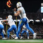 Sep 15, 2025; Paradise, Nevada, USA; Los Angeles Chargers quarterback Justin Herbert (10) throws a pass during the second quarter against the Las Vegas Raiders at Allegiant Stadium. Mandatory Credit: Kiyoshi Mio-Imagn Images