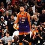 Phoenix Mercury forward Alyssa Thomas (25) celebrates their win over the New York Liberty 79-73 to win the series during Game Three of the 2025 WNBA Playoffs first round at PHX Arena on Sept. 19, 2025, in Phoenix.