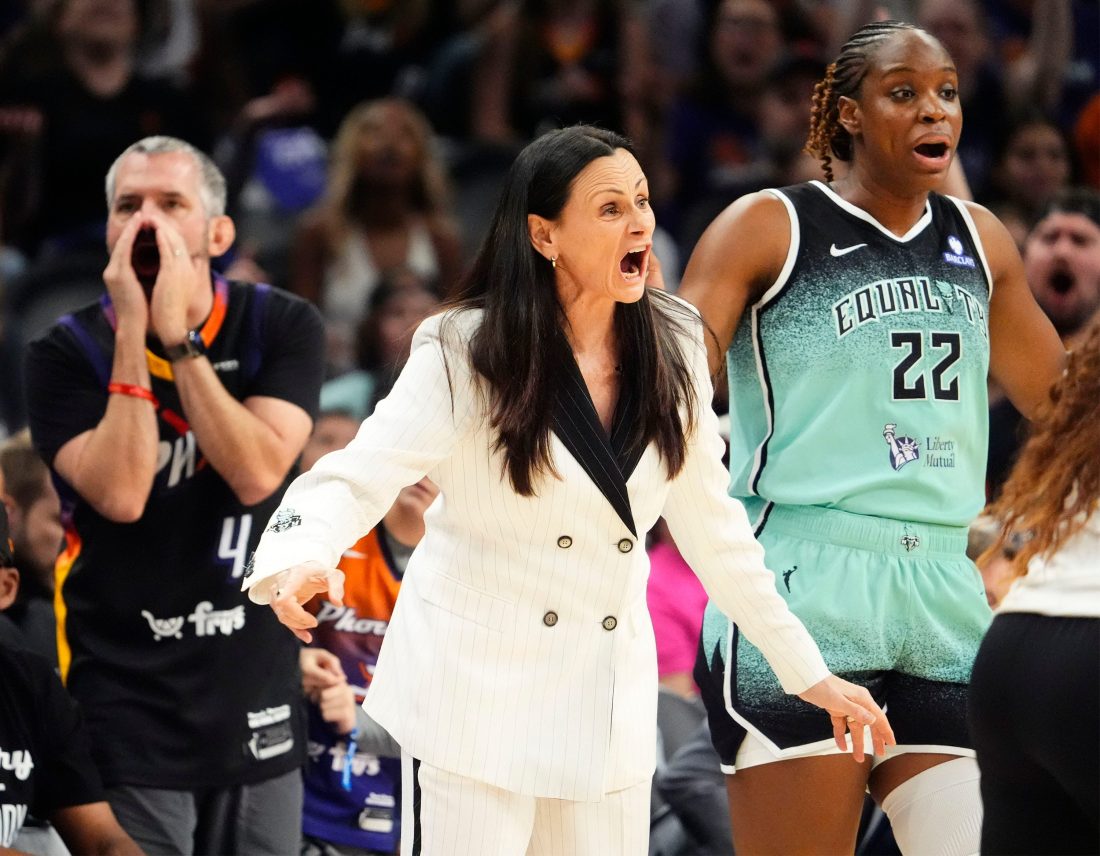 New York Liberty head coach Sandy Brondello reacts during action against the Phoenix Mercury in the first half of Game One of the 2025 WNBA Playoffs first round at PHX Arena on Sept. 14, 2025.