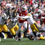 Sep 21, 2025; Foxborough, Massachusetts, USA; New England Patriots quarterback Drake Maye (10) fumbles the ball during the fourth quarter at Gillette Stadium. Mandatory Credit: Brian Fluharty-Imagn Images